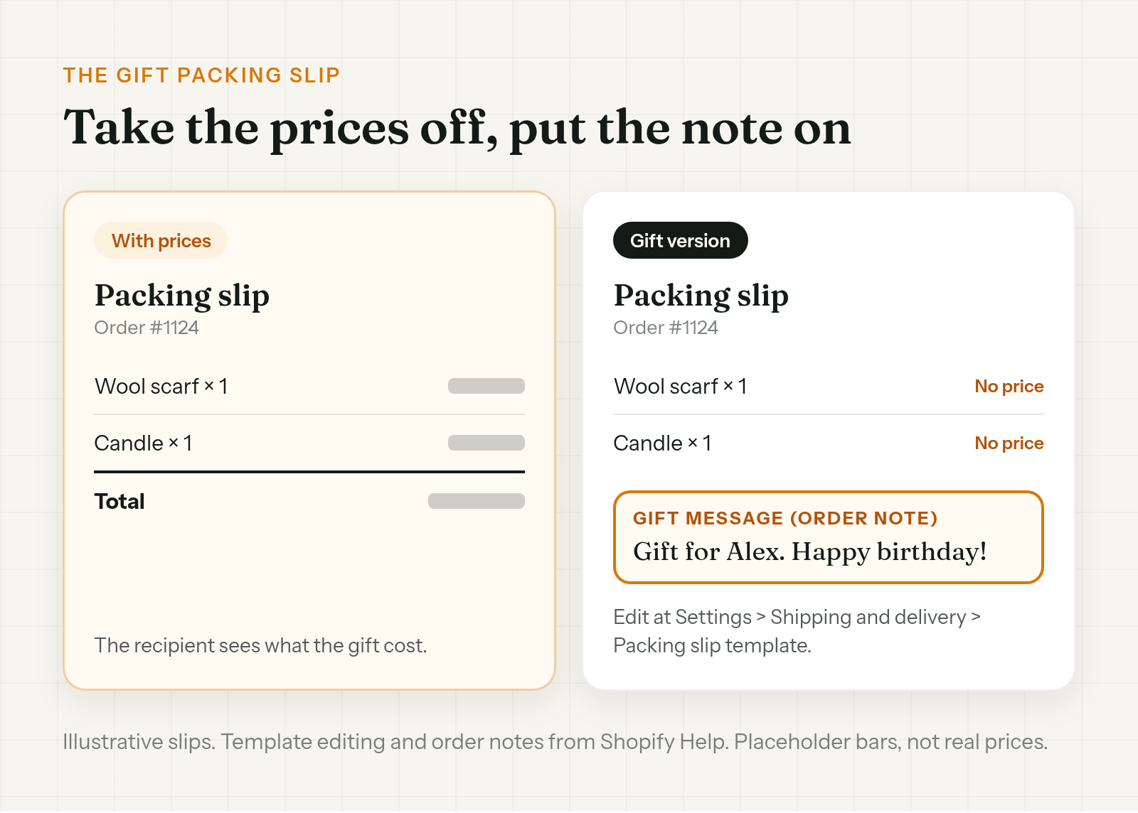 A packing slip with prices next to a gift version with prices removed and the order note printed as the gift message